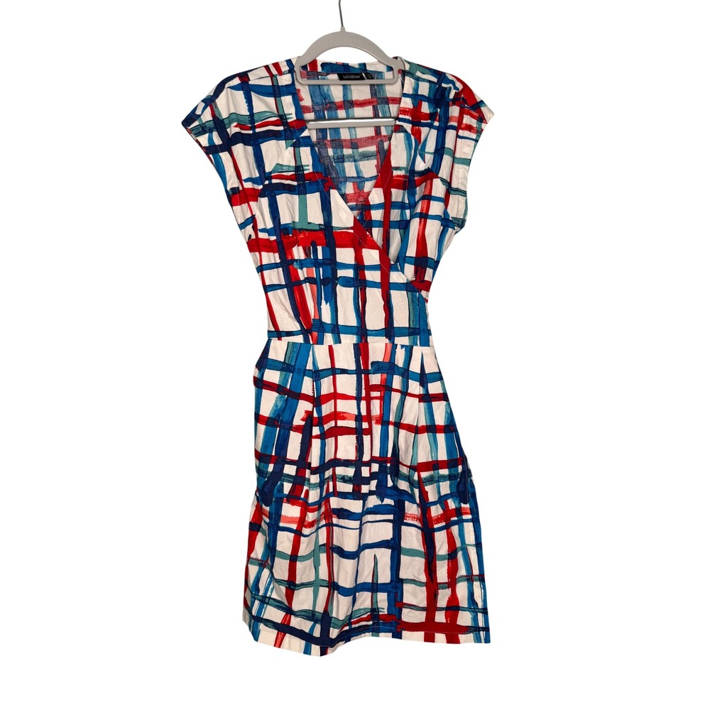 Kate Spade Saturday blue and red checkered tie back v-neck mini dress